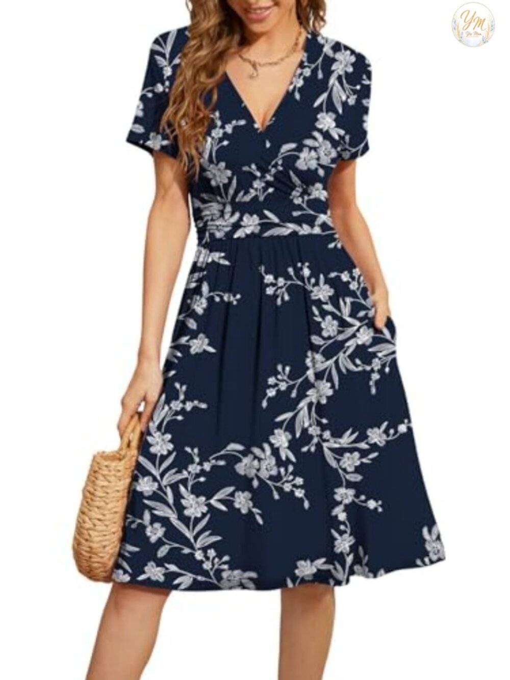 Womens Summer Short Sleeve V-Neck Floral Casual Party Dress with Pockets